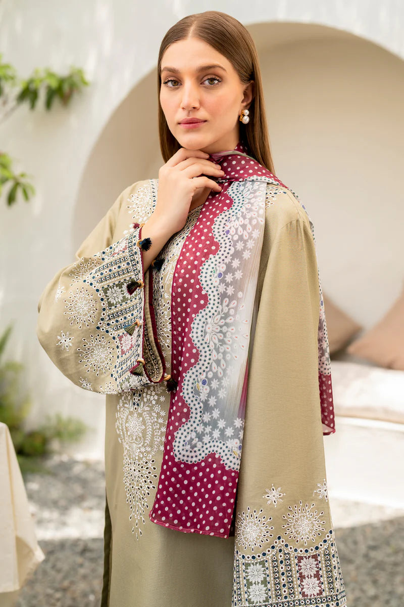 JAZMIN - 3PC LAWN EMBROIDERED SHIRT WITH MANAAR PRINTED DUPATTA AND TROUSER - HZG2086