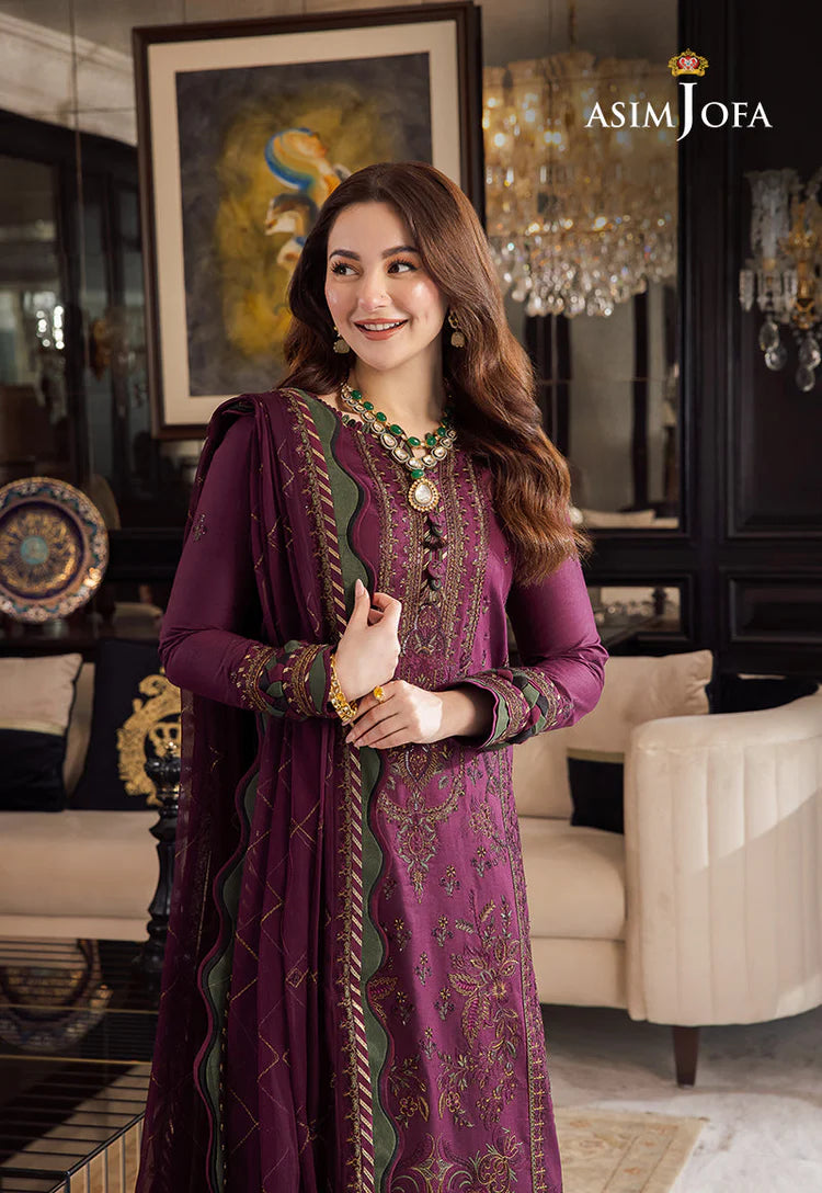 ASIM JOFA - 3PC DHANAK EMBROIDERED SHIRT WITH DHANAK EMBROIDERED DUPATTA AND TROUSER - HZU2426
