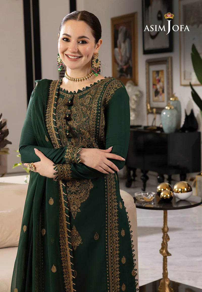 ASIM JOFA - 3PC DHANAK EMBROIDERED SHIRT WITH CHIFFON EMBROIDERED DUPATTA AND TROUSER - HZG2414