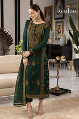 ASIM JOFA - 3PC DHANAK EMBROIDERED SHIRT WITH CHIFFON EMBROIDERED DUPATTA AND TROUSER - HZG2414