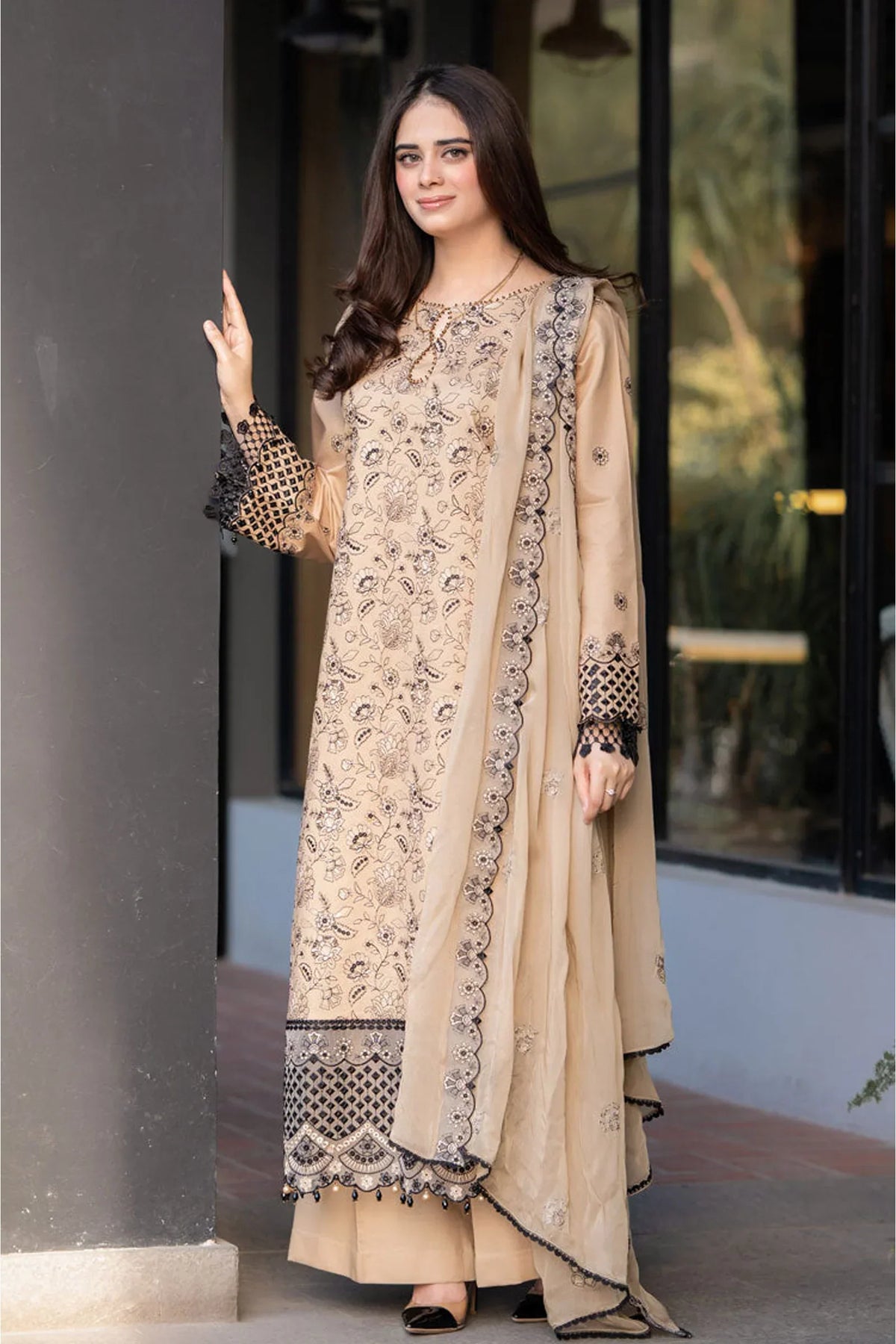 GARNET - 3PC DHANAK EMBROIDERED SHIRT WITH CHIFFON EMBROIDERED DUPATTA AND TROUSER - HZG2364
