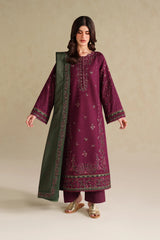 IZNIK - 3PC DHANAK EMBROIDERED SHIRT WITH DHANAK EMBROIDERED SHAWL AND TROUSER - HZG3113