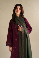 IZNIK - 3PC DHANAK EMBROIDERED SHIRT WITH DHANAK EMBROIDERED SHAWL AND TROUSER - HZG3113