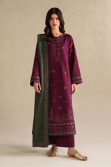 IZNIK - 3PC DHANAK EMBROIDERED SHIRT WITH DHANAK EMBROIDERED SHAWL AND TROUSER - HZG3113
