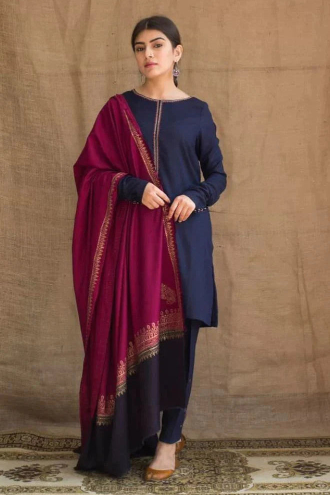 AISLING - 3PC DHANAK EMBROIDERED SHIRT WITH TWILL PRINTED SHAWL AND TROUSER - HZG1054