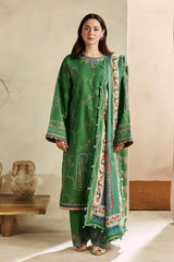ZARA SHAH JAHAN - 3PC DHANAK EMBROIDERED SHIRT WITH TWILL PRINTED SHAWL AND TROUSER - HZG1474